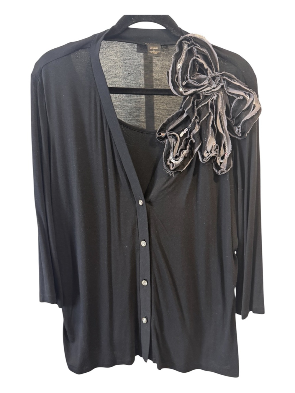 Nue Options Black Twinset Cardigan Tank Top Combo Pearl Button Rosette Accent L